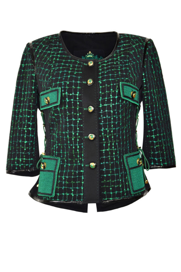 Couture-Jacke mit "Bouclé-embroidery", gestickten Pattentaschen und Knöpfen