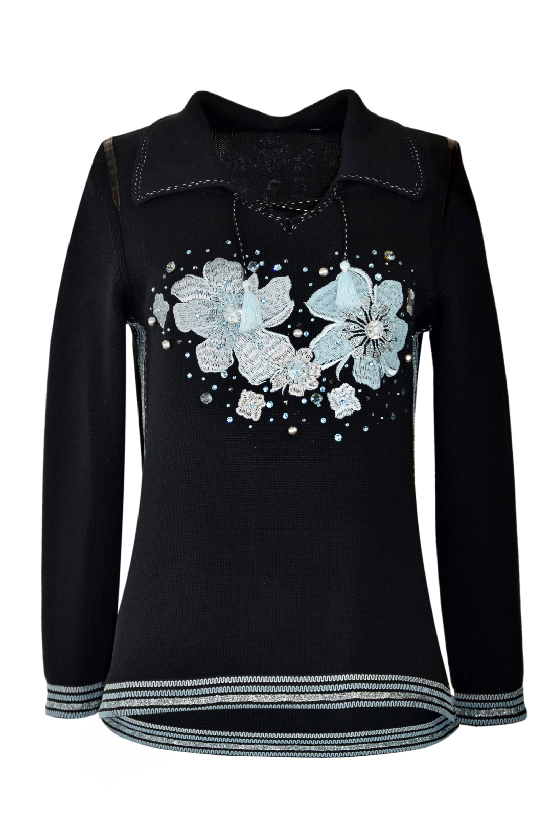 Pullover mit lace embroidery mit 115 Hotfix Kristallen und 14 Handapplizierten Kristallen von Swarovski 100 Baumwolle Langarm Liz Malraux Couture