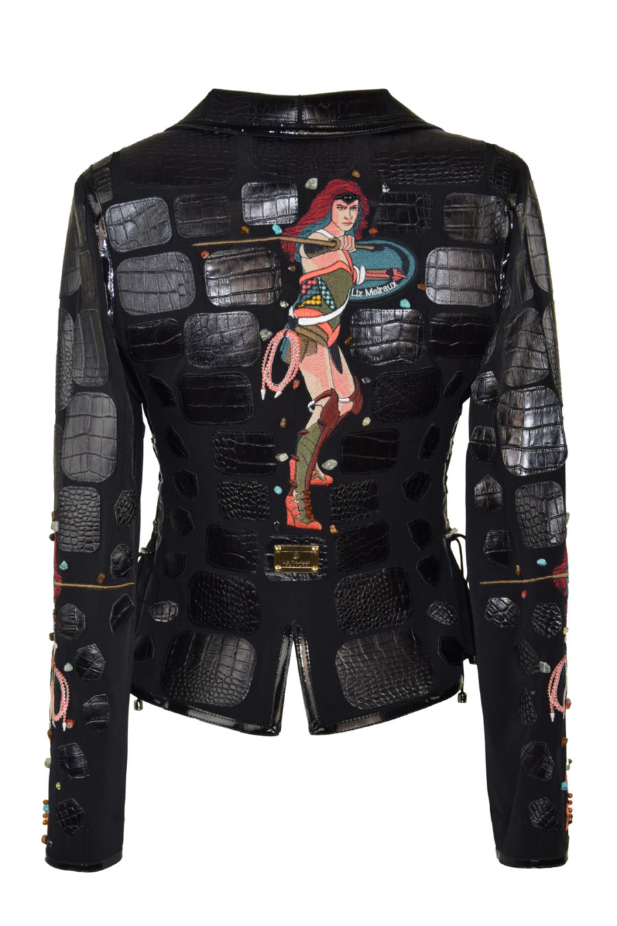 Haute Couture-Jacke mit "fantasy-embroidery"-5 Motive, handappliziert mit 145 Kristallen und Natursteinen Lederpatches in Kroko-Optik