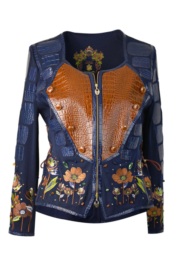 Haute Couture Jacke mit "Autumn Meadow"-embroidery, Stich: 255.000,160 handapplizierten Naturedelsteinen und Kristallen, Ledereinsatz und Patches in Kroko-Optik, Multisize