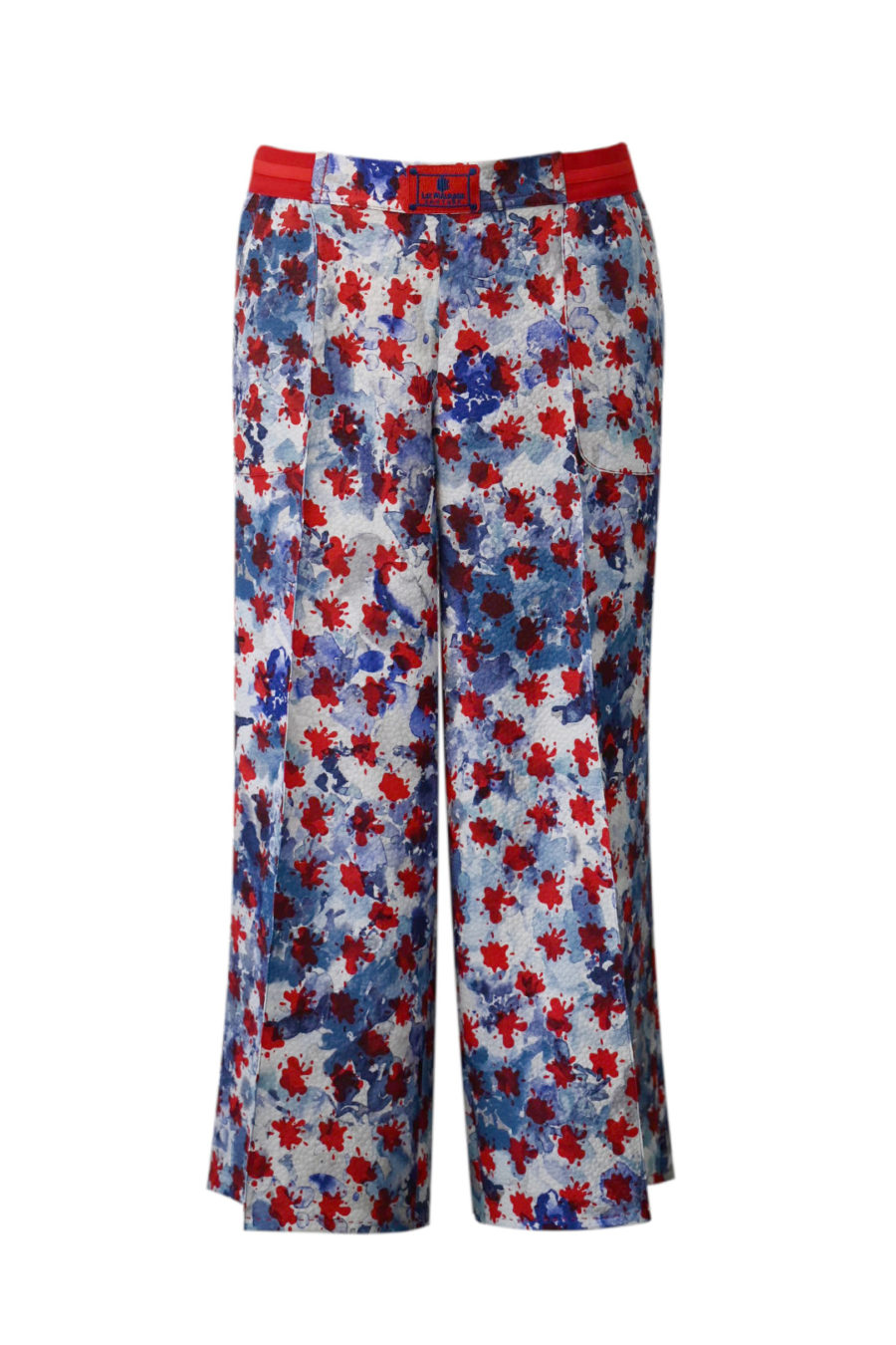 Palazzo-Hose aus feinem Cloque in blau-rotem Print, mit roten elastischen Bündchen und 4 Taschen