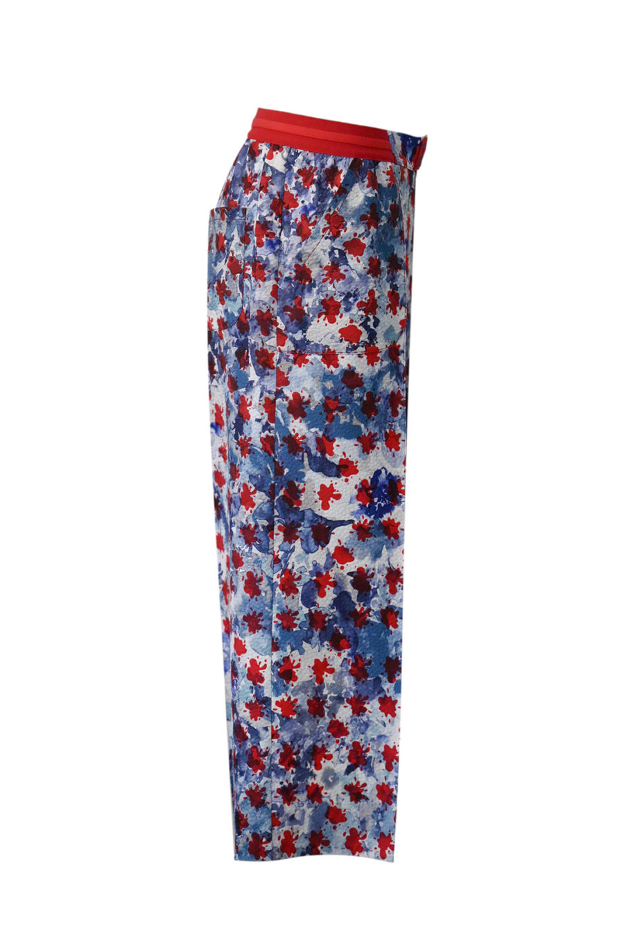 Palazzo-Hose aus feinem Cloque in blau-rotem Print, mit roten elastischen Bündchen und 4 Taschen