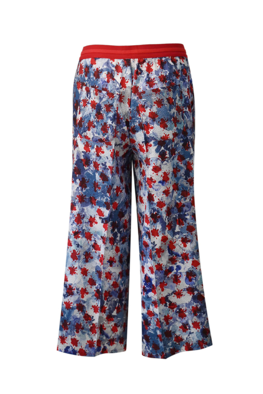 Palazzo-Hose aus feinem Cloque in blau-rotem Print, mit roten elastischen Bündchen und 4 Taschen