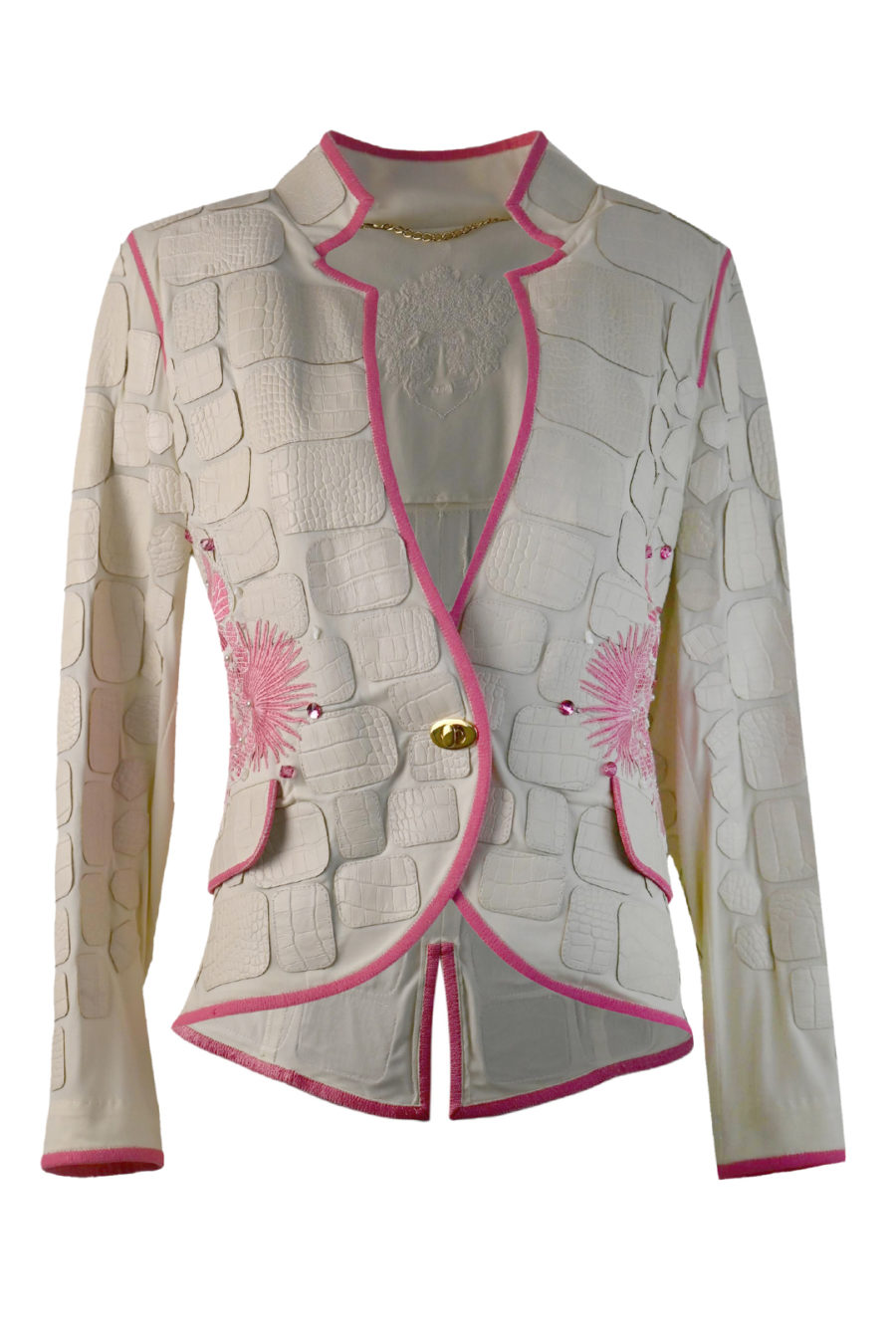 Jacke mit "tropical dream-embroidery" und 50 handapplizierten Natursteinen und Kristallen, Lederpatches, eingefasst mit gestickter Bordüre